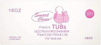Smart Choice Plastic Tubs 16oz Round Microwavable Plastic Deli Pots & Lids 250 Sets case of 6