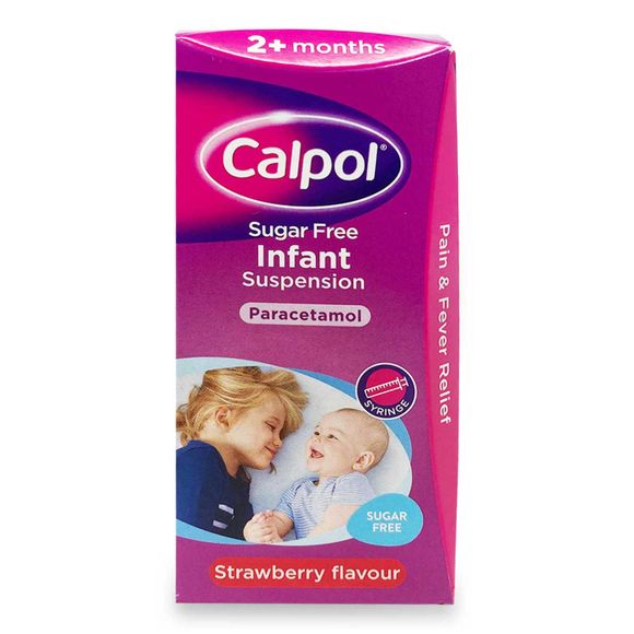 Calpol Sugar Free Infant Suspension, Paracetamol Medication, 2+ Months, Strawberry Flavour, 100ml Pack size: Case of 6