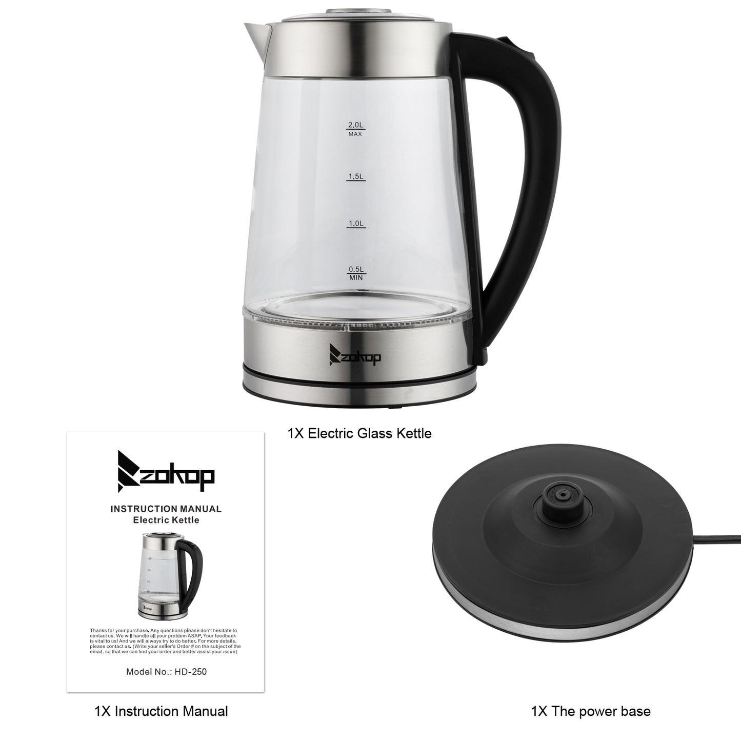 【Old Code：42128382】ZOKOP HD-250 220V 2000W 2L Blue Glass Electric Kettle
