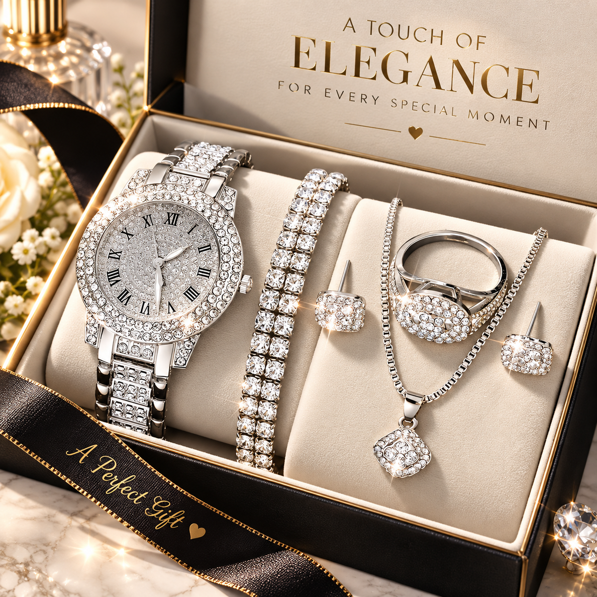 6-Piece Luxury Women’s Quartz Watch & Jewelry Set