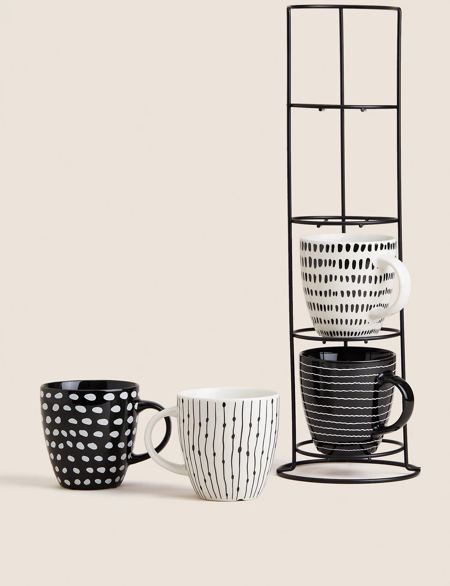 Set of 4 Monochrome Mugs with Stand