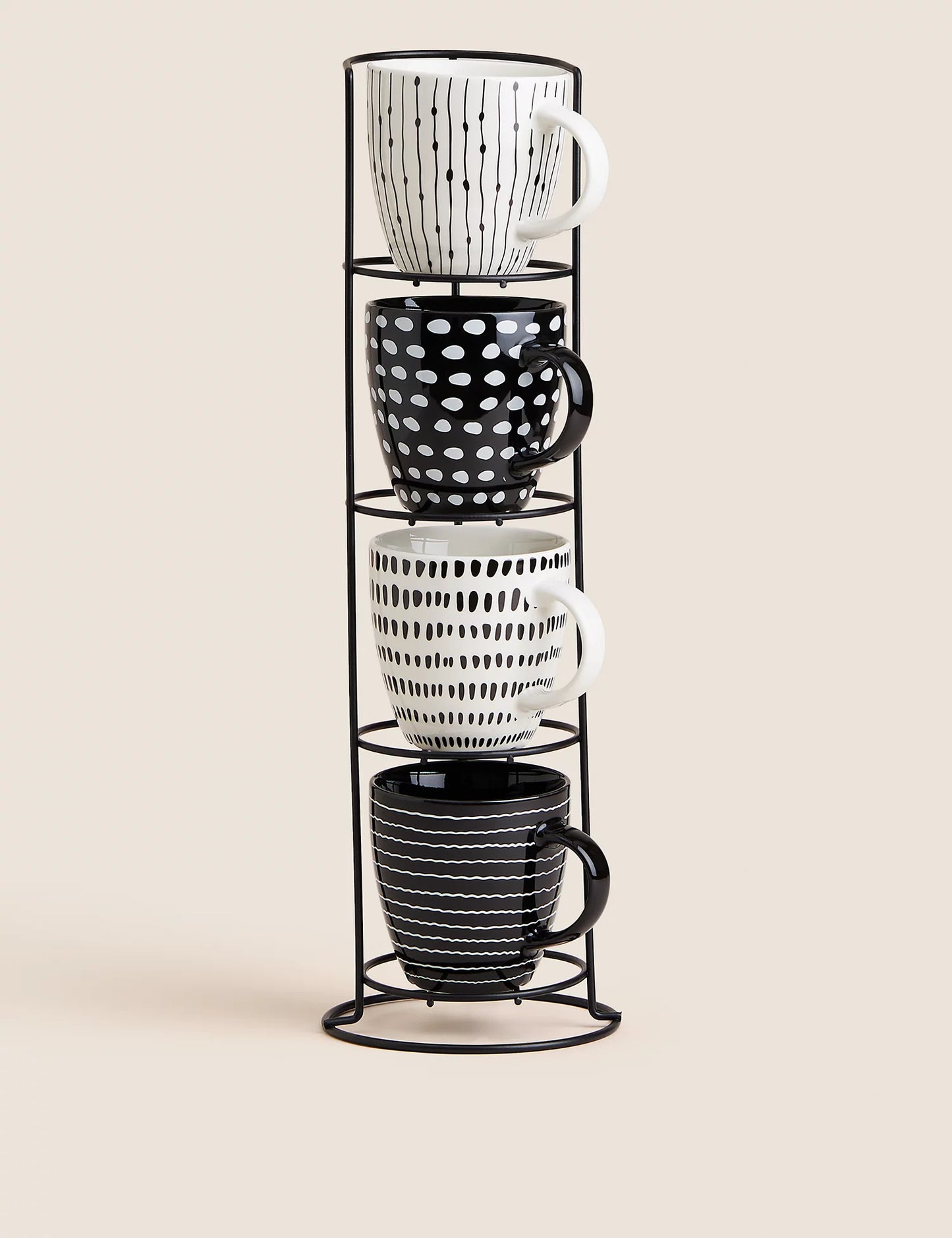 Set of 4 Monochrome Mugs with Stand