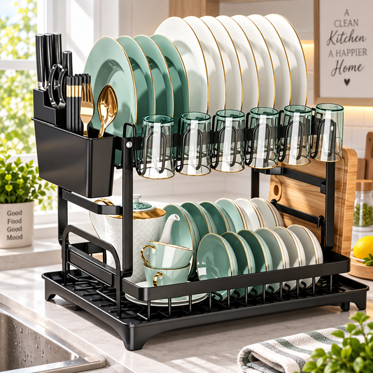 2-Tier Large Capacity Dish Drying Rack with Drain Board &amp; Cup Holder
