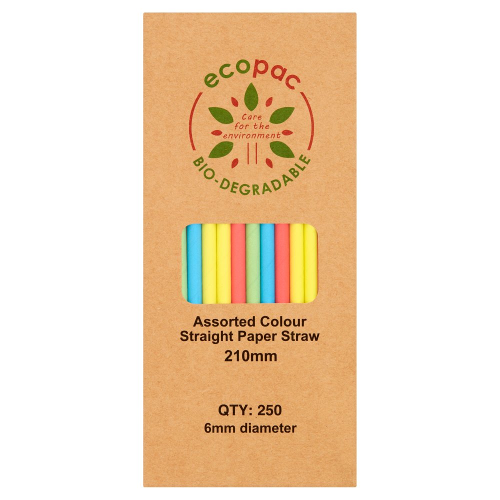Ecopac Bio-Degradable 250 Assorted Colour Straight Paper Straw 210mm