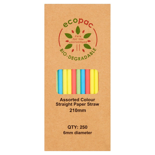 Ecopac Bio-Degradable 250 Assorted Colour Straight Paper Straw 210mm