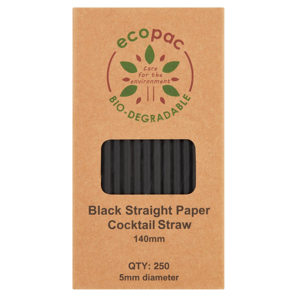 Ecopac Bio-Degradable 250 Black Straight Paper Cocktail Straw 140mm