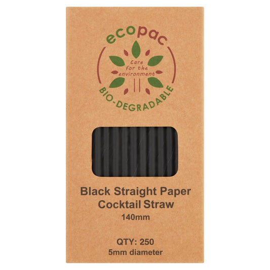 Ecopac Bio-Degradable 250 Black Straight Paper Cocktail Straw 140mm