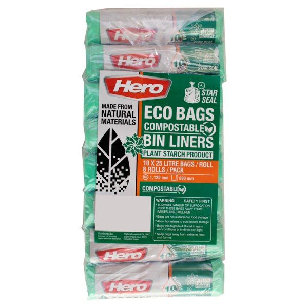Hero Eco Bags Compostable Bin Liners 10 x 25 Litre Bags/Roll 8 Rolls/Pack Pack size: Case of 40