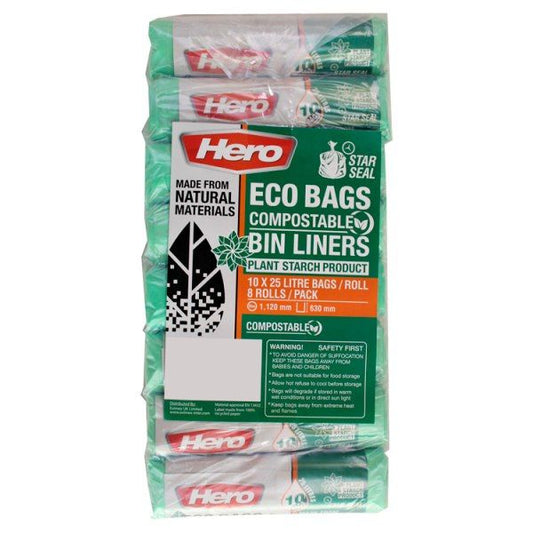 Hero Eco Bags Compostable Bin Liners 10 x 25 Litre Bags/Roll 8 Rolls/Pack Pack size: Case of 8
