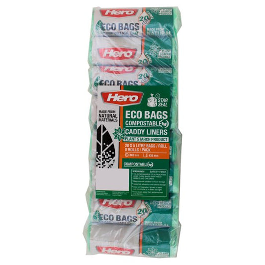 Hero Eco Bags Compostable Caddy Liners 20 x 5 Litre Bags/Roll 8 Rolls/Pack Pack size: Case of 8