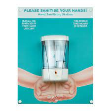 "Hand sanitiser board c/w auto dispenser - Hands - Turquoise (300 x 400mm) Complete with fixings"