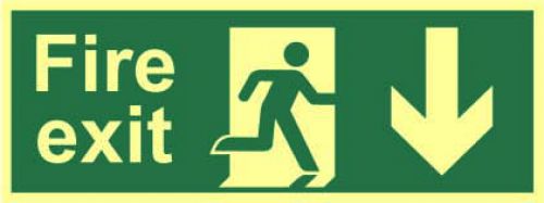Fire Exit (Man Arrow Down) Sign - Photolum (400 x 150mm) Pack size: Case of 1