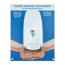 "Hand sanitiser board c/w manual dispenser - Hands - Blue (300 x 400mm) Complete with fixings"Pack size: Case of 1
