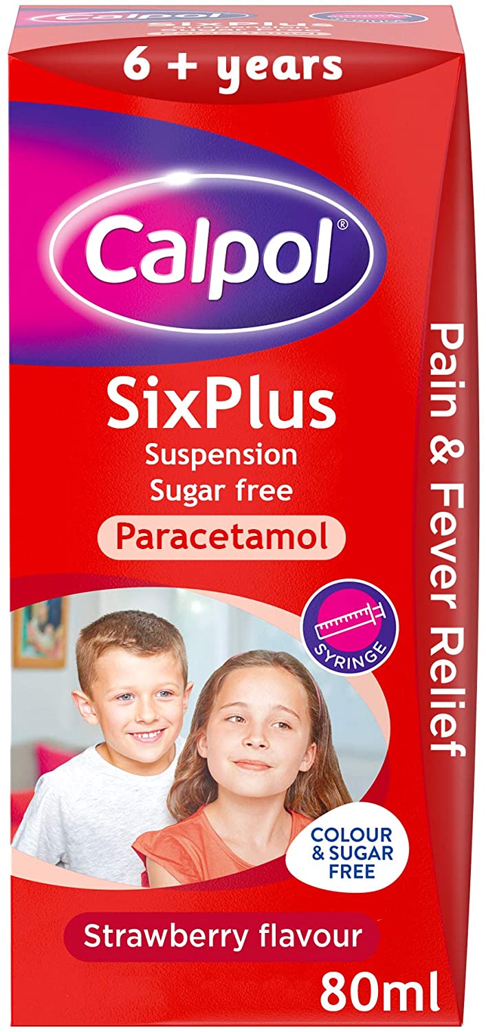 Calpol SixPlus Sugar Free Suspension, Paracetamol Medication, 6+ Years, Strawberry Flavour, 80ml Pack size: Case of 6