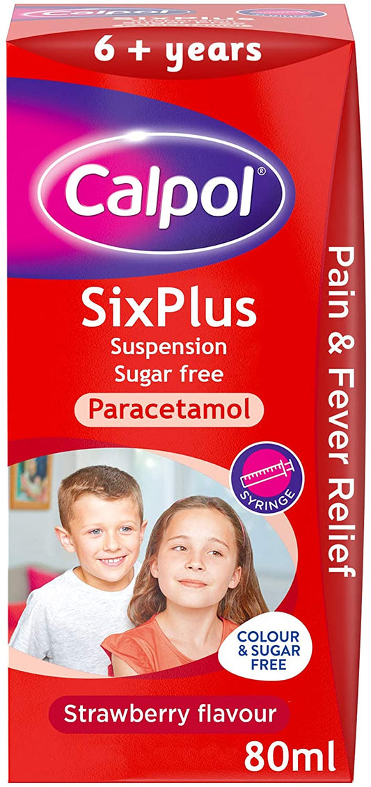 Calpol SixPlus Sugar Free Suspension, Paracetamol Medication, 6+ Years, Strawberry Flavour, 80ml Pack size: Case of 6