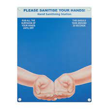 "Hand sanitiser board no dispenser - Hands - Blue (300 x 400mm) Complete with fixings"
