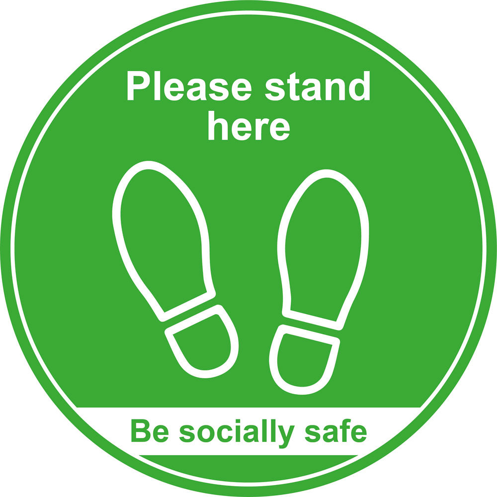 Please Stand Here Social Distancing Floor Graphic, Green (400mm dia.) Pack size: Case of 1