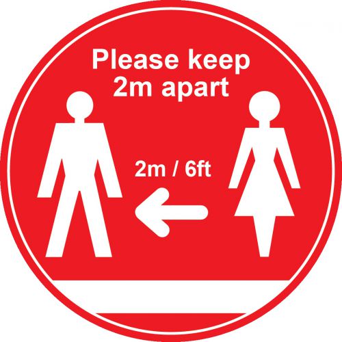 Please Keep 2m/6ft Apart Social Distancing Floor Graphic, Red (400mm dia.) Pack size: Case of 1