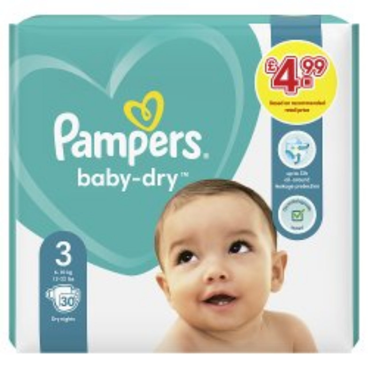 Pampers Baby-Dry Size 3, 30 Nappies, 6kg-10kg, Carry Pack Pack size: Case of 4