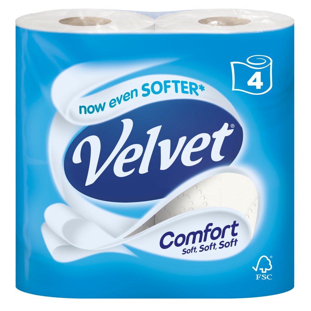 Velvet Comfort 4 Toilet Rolls £2.25 Pack size: Case of 6
